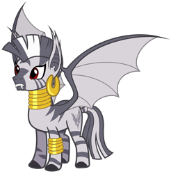 Size: 5900x6000 | Tagged: safe, artist:magister39, character:zecora, species:bat pony, species:pony, species:zebra, episode:bats!, g4, my little pony: friendship is magic, absurd resolution, bat ponified, bat pony zebra, ear piercing, ear tufts, earring, fangs, female, hybrid, jewelry, leg rings, mare, neck rings, piercing, race swap, simple background, solo, spread wings, transparent background, vampire, vector, wings