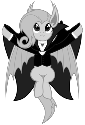 Size: 4100x6000 | Tagged: safe, artist:magister39, character:flutterbat, character:fluttershy, species:bat pony, species:pony, episode:bats!, g4, my little pony: friendship is magic, absurd resolution, bat ponified, cape, clothing, fangs, female, monochrome, outfit, race swap, retro, simple background, solo, transparent background, vampire, vector