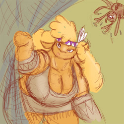 Size: 712x712 | Tagged: safe, artist:weasselk, character:little strongheart, species:anthro, ask, bbw, big strongheart, breasts, busty little strongheart, cleavage, female, muscles, spider, stout, strong fat, tumblr