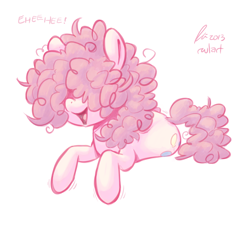 Size: 1200x1100 | Tagged: safe, artist:rwl, character:pinkie pie, cute, female, hair over eyes, hidden eyes, laughing, long mane, messy mane, open mouth, prone, smiling, solo