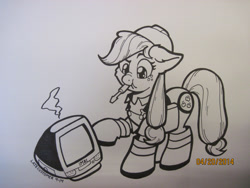 Size: 2040x1530 | Tagged: safe, artist:latecustomer, character:applejack, boots, broken, clothing, engiejack, engineer, female, hard hat, hat, imac, imac g3, monochrome, mouth hold, screwdriver, solo, team fortress 2
