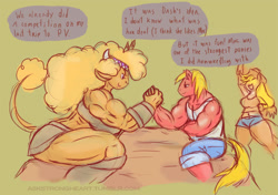 Size: 944x666 | Tagged: safe, artist:weasselk, character:applejack, character:big mcintosh, character:little strongheart, species:anthro, species:buffalo, species:earth pony, species:pony, amazon, amazonian, applebucking thighs, arm wrestling, ask strongheart, big strongheart, breasts, busty applejack, busty little strongheart, female, muscles, sitting, size difference, thighs, thunder thighs, tumblr