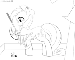 Size: 600x480 | Tagged: safe, artist:spittfireart, character:fluttershy, blushing, clothing, cute, fanfic art, female, golf, hat, monochrome, puttershy, smiling, solo, tongue out, wing hold
