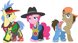 Size: 14491x8000 | Tagged: safe, artist:chainchomp2, character:doctor whooves, character:goldengrape, character:pinkie pie, character:red delicious, character:time turner, species:earth pony, species:pony, episode:testing testing 1-2-3, g4, my little pony: friendship is magic, .svg available, absurd resolution, apple family member, boxers, cap, clothing, female, hat, jacket, jeans, looking at you, male, mare, necklace, rap, rapper, rapper pie, sagging, shoes, simple background, sneakers, stallion, tank top, transparent background, underwear, vector, visor
