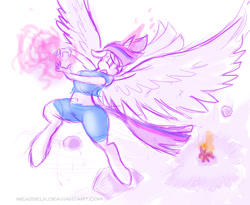 Size: 1053x863 | Tagged: safe, artist:weasselk, character:lord tirek, character:twilight sparkle, character:twilight sparkle (alicorn), species:alicorn, species:anthro, species:unguligrade anthro, episode:twilight's kingdom, g4, my little pony: friendship is magic, action pose, angry, belly button, dragon ball z, fight, floppy ears, flying, frown, glare, kamehameha, magic, midriff, scene interpretation, son twilight, spread wings, super saiyan princess, that was fast, twilight vs tirek, wings