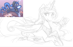 Size: 1271x826 | Tagged: safe, artist:spittfireart, character:princess luna, gamer luna, controller, female, headset, looking at you, magic, monochrome, open mouth, pillow, prone, sketch, smiling, solo, telekinesis, wip
