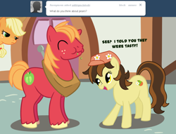 Size: 1280x977 | Tagged: safe, artist:tex, character:applejack, character:big mcintosh, oc, oc:pear blossom, species:earth pony, species:pony, ask, ask big macintosh, fruit heresy, hilarious in hindsight, male, pear, stallion, tumblr