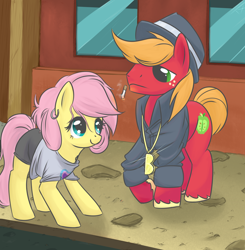 Size: 1376x1405 | Tagged: dead source, safe, artist:tex, character:big mcintosh, character:fluttershy, species:earth pony, species:pony, 80s, cigarette, clothing, duo, earring, hat, male, piercing, pimp, shirt, smoking, stallion, t-shirt