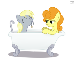 Size: 1000x786 | Tagged: safe, artist:tex, character:carrot top, character:derpy hooves, character:golden harvest, species:pegasus, species:pony, bath, bathtub, claw foot bathtub, drain plug, eyes closed, female, mare, mouth hold, plug