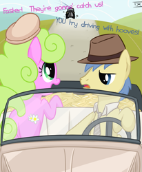 Size: 825x1000 | Tagged: safe, artist:tex, character:daisy, character:goldengrape, ship:daisygrape, bonnie and clyde, car, car chase, clothing, female, hat, male, parody, shipping, straight
