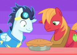 Size: 1200x860 | Tagged: safe, artist:tex, character:big mcintosh, character:soarin', species:earth pony, species:pony, goggles, male, pie, stallion, that pony sure does love pies, wonderbolts uniform