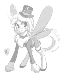 Size: 1280x1575 | Tagged: safe, artist:spittfireart, oc, oc only, oc:sepia, species:mothpony, blushing, bow tie, clothing, hat, monochrome, original species, shoes, solo