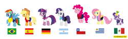 Size: 5707x1761 | Tagged: safe, artist:conikiblasu-fan, character:applejack, character:fluttershy, character:pinkie pie, character:rainbow dash, character:rarity, character:screwball, character:twilight sparkle, character:twilight sparkle (alicorn), species:alicorn, species:pony, argentina, argentina is white, brazil, chile, country, female, flag, football, germany, mane six, mare, mexico, spain, uruguay, world cup