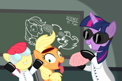Size: 6000x4000 | Tagged: safe, artist:magister39, character:apple bloom, character:applejack, character:twilight sparkle, character:winona, body swap, brain, brain surgery, clothing, derp, goggles, lab coat, mad scientist, science