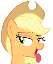 Size: 5000x6000 | Tagged: safe, artist:magister39, character:applejack, species:earth pony, species:pony, absurd resolution, bedroom eyes, bust, female, licking, looking sideways, mare, open mouth, show accurate, simple background, smiling, solo, tongue out, transparent background, vector