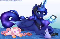 Size: 1200x776 | Tagged: safe, artist:spittfireart, character:princess luna, species:alicorn, species:pony, gamer luna, 3ds, colored wings, controller, female, gradient wings, headset, looking at you, magic, mare, playstation 4, plushie, pocky, prone, smiling, solo