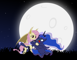 Size: 6000x4700 | Tagged: safe, artist:magister39, character:flutterbat, character:fluttershy, character:princess luna, species:bat pony, species:pony, ship:lunashy, absurd resolution, bat ponified, bedroom eyes, carrying, dancing, eye contact, fangs, female, grin, lesbian, lunabat, moon, mouth hold, night, race swap, raised eyebrow, rose, sky, smiling, spread wings, tango, vampire, vampony, vector, wings