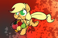 Size: 600x388 | Tagged: safe, artist:bunnimation, character:applejack, apple, bag, female, leaves, mouth hold, running, solo