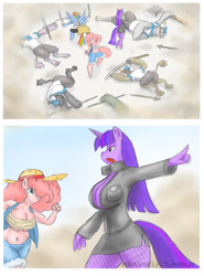Size: 958x1294 | Tagged: safe, artist:weasselk, character:pinkie pie, character:rainbow dash, character:twilight sparkle, species:anthro, species:diamond dog, species:digitigrade anthro, belly button, breast binding, breasts, busty pinkie pie, busty twilight sparkle, cleavage, comic, crossover, female, fishnets, one piece, pirate, sword, weapon