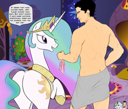Size: 2600x2200 | Tagged: safe, artist:rammbrony, artist:tex, character:princess celestia, oc, oc:tex, species:alicorn, species:human, species:pony, bedroom eyes, boxers, butt, buttcrack, clothing, colored, dock, female, frown, male, mare, plot, raised hoof, smiling, sunbutt, towel, underwear