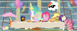 Size: 6000x2400 | Tagged: safe, artist:magister39, character:applejack, character:fluttershy, character:pinkie pie, character:princess celestia, character:rainbow dash, character:rarity, character:twilight sparkle, apple, balloon, cloud, female, fluttertree, grin, implications, insanity, mane six, mannequin, messy mane, object, paint, smiling, snaplestia, solo, tea, teapot, tree, wat