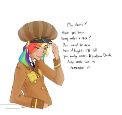 Size: 800x758 | Tagged: dead source, safe, artist:demdoodles, character:rainbow dash, species:human, diplomat-verse, alternate universe, aviator, clothing, dialogue, fashion, female, hat, humanized, simple background, solo, white background
