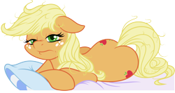 Size: 6115x3288 | Tagged: safe, artist:latecustomer, artist:silverrainclouds, character:applejack, species:earth pony, species:pony, applebutt, bed mane, both cutie marks, female, floppy ears, freckles, loose hair, mare, morning ponies, prone, simple background, solo, transparent background, vector