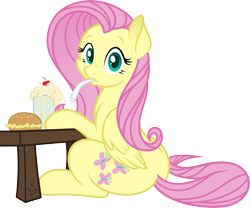 Size: 4191x3479 | Tagged: safe, artist:latecustomer, artist:silverrainclouds, character:fluttershy, species:pegasus, species:pony, burger, cute, drink, female, food, hay burger, looking at you, looking back, mare, milkshake, mouth hold, shyabetes, simple background, sitting, solo, straw, transparent background, vector