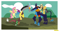 Size: 4559x2398 | Tagged: safe, artist:conikiblasu-fan, character:ahuizotl, character:daring do, character:discord, character:fluttershy, species:draconequus, species:pegasus, species:pony, ship:darizotl, ship:discoshy, female, male, mare, shipping, straight