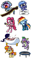 Size: 600x1091 | Tagged: safe, artist:bunnimation, character:pinkie pie, character:princess luna, character:rainbow dash, character:spike, character:sunset shimmer, character:twilight sparkle, filly, random, trampoline, twiceratops, woona
