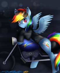 Size: 2784x3389 | Tagged: safe, artist:spittfireart, character:rainbow dash, species:pegasus, species:pony, clothing, female, high res, jacket, leather jacket, motorcycle, solo, sunglasses