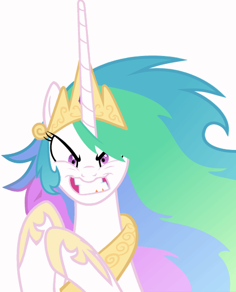 Size: 478x590 | Tagged: safe, artist:ianimateyourpictures, artist:magister39, character:princess celestia, species:alicorn, species:pony, angry, animated, evil grin, eye twitch, female, glare, grin, gritted teeth, insanity, looking at you, mare, messy mane, simple background, snaplestia, solo, teeth, twitch, white background, xk-class end-of-the-world scenario