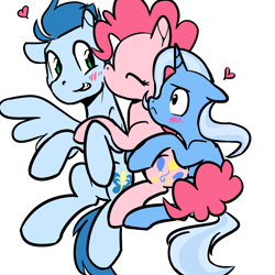 Size: 1200x1200 | Tagged: safe, artist:rwl, character:pinkie pie, character:soarin', character:trixie, ship:soarinpie, ship:trixiepie, bisexual, crack shipping, cute, diapinkes, female, jealous, lesbian, lesbian in front of boys, male, pinkie pie gets all the mares, pinkie pie gets all the stallions, polyamory, shipping, straight