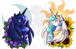 Size: 5950x3850 | Tagged: safe, artist:annakitsun3, character:princess celestia, character:princess luna, absurd resolution, duality, flower, looking up, moon, portrait, smiling, spread wings, sun, sunflower, wings