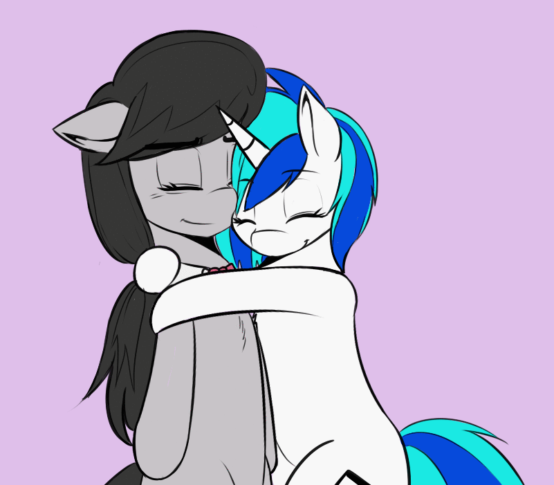 Size: 801x701 | Tagged: safe, artist:spittfireart, character:dj pon-3, character:octavia melody, character:vinyl scratch, species:earth pony, species:pony, species:unicorn, ship:scratchtavia, animated, cute, eyes closed, female, hug, lesbian, mare, nuzzling, shipping, smiling
