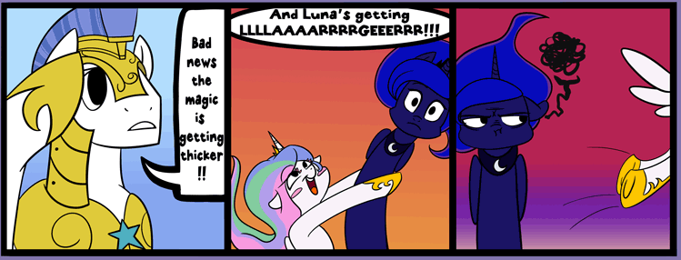 Size: 749x286 | Tagged: safe, artist:bunnimation, character:princess celestia, character:princess luna, :i, airplane!, animated, blushing, comic, female, frown, open mouth, royal guard, salute, shaking, smiling, trollestia, unamused, wide eyes