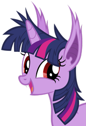 Size: 739x1081 | Tagged: safe, artist:magister39, character:twilight sparkle, species:bat pony, species:pony, bat ponified, cute, fangs, female, happy, hilarious in hindsight, mare, open mouth, race swap, simple background, smiling, solo, transparent background, twibat, vector