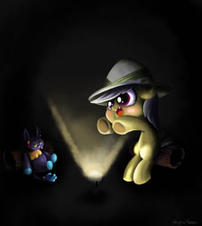 Size: 600x671 | Tagged: safe, artist:bunnimation, character:ahuizotl, character:daring do, blushing, clothing, cute, daring dorable, dawing do, doll, fangs, female, flashlight (object), foal, hat, open mouth, plushie, sitting, smiling, solo, underhoof, younger