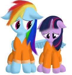Size: 2466x2532 | Tagged: safe, artist:waveywaves, character:rainbow dash, character:twilight sparkle, ship:twidash, clipped wings, clothing, comforting, female, floppy ears, frown, hug, lesbian, prison, prison outfit, prisoner ts, sad, shipping, sitting, winghug