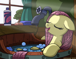Size: 1650x1276 | Tagged: safe, artist:latecustomer, character:fluttershy, species:pony, bath, bathtub, bubble, crepuscular rays, cute, eyes closed, female, floppy ears, mare, open mouth, relaxing, shampoo, shyabetes, smiling, soap, solo, tap, wet mane, window