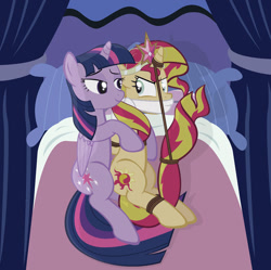 Size: 1024x1019 | Tagged: safe, artist:radiantrealm, character:sunset shimmer, character:twilight sparkle, character:twilight sparkle (alicorn), species:alicorn, species:pony, species:unicorn, my little pony:equestria girls, bed, big crown thingy, bondage, box tied, cloth gag, crown, femsub, gag, rope, show accurate, submissive, subset, twidom
