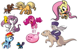 Size: 600x388 | Tagged: safe, artist:bunnimation, character:applejack, character:fluttershy, character:pinkie pie, character:princess celestia, character:rainbow dash, character:winona, species:dog, cat, cewestia, cute, poring, ragnarok online