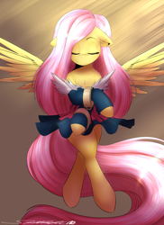Size: 2916x4000 | Tagged: safe, artist:spittfireart, character:fluttershy, species:pegasus, species:pony, clothing, crossover, disgaea, eyes closed, female, floating, healer, hoofband, solo, spread wings, wings