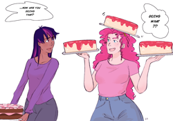 Size: 1024x716 | Tagged: safe, artist:demdoodles, character:pinkie pie, character:twilight sparkle, species:human, balancing, breasts, busty pinkie pie, cake, dialogue, female, food, how, humanized, wide hips