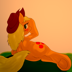 Size: 1500x1500 | Tagged: safe, artist:ushiro no kukan, character:applejack, species:earth pony, species:pony, butt, dock, female, looking back, mare, on side, pixiv, plot, smiling, solo, underhoof