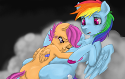 Size: 971x617 | Tagged: safe, artist:colorlesscupcake, character:rainbow dash, character:scootaloo, species:pegasus, species:pony, bandaid, implied abuse, scootabuse