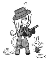 Size: 536x680 | Tagged: safe, artist:bunnimation, character:angel bunny, character:fluttershy, eyeshadow, gangster, gun, hair over one eye, sketch, tommy gun