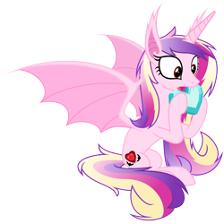 Size: 6000x6000 | Tagged: safe, artist:magister39, character:princess cadance, species:bat pony, species:pony, absurd resolution, alternate cutie mark, bat ponified, crystal heart, cute little fangs, fangs, female, lovebat, nom, open mouth, race swap, simple background, sitting, solo, spread wings, transparent background, vector, wide eyes, wings