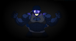 Size: 1851x992 | Tagged: safe, artist:advanceddefense, artist:greentark46, character:princess luna, species:human, big breasts, breasts, clothing, colored, dark, female, feral, glowing eyes, humanized, looking at you, muscles, overdeveloped muscles, princess muscle moona, ripped, sharp teeth, solo, torn clothes, wereluna