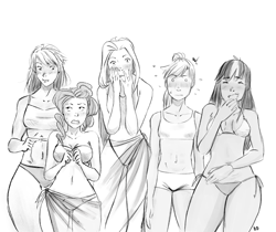 Size: 1240x1044 | Tagged: safe, artist:demdoodles, character:applejack, character:fluttershy, character:rainbow dash, character:rarity, character:twilight sparkle, species:human, belly button, bikini, blushing, breasts, clothing, delicious flat chest, embarrassed, grayscale, humanized, laughing, monochrome, rainbow flat, reaction, shocked, swimsuit
